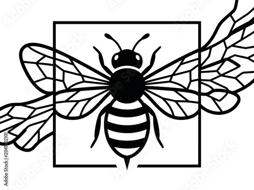 Black and White Line Art Bee Illustration on White Background Minimalist Style