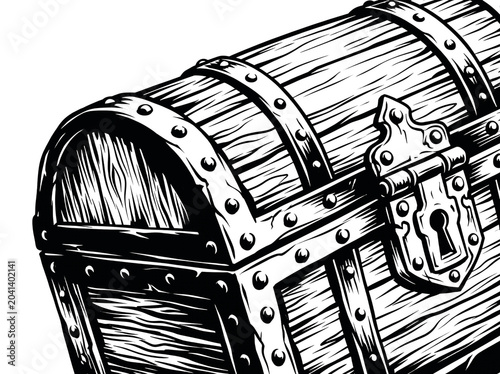 Vintage Wooden Treasure Chest with Metal Reinforcements and Lock in Detailed Illustration