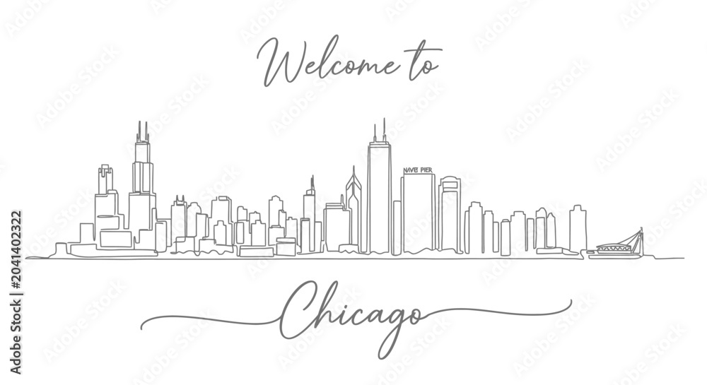 Fototapeta premium Welcome to Chicago Skyline - Line Art Cityscape Illustration