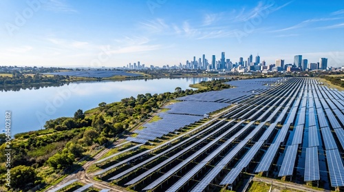 Aerial view of solar farm panels near a lake with distant city skyline under blue sky