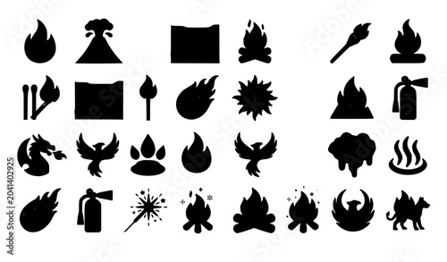 Φωτογραφία Collection of black fire and flame icons on white background