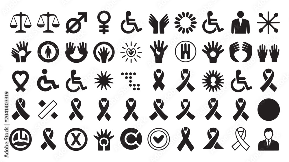 Fototapeta premium Social justice and human rights icons set, 50 black vector symbols for equality and disability awareness, charity and community support signs