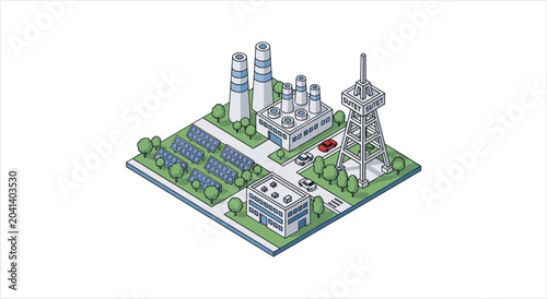 Fotografie Isometric illustration of a modern industrial complex with renewable energy sources