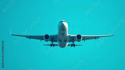 Airplane landing motion video showing a commercial passenger jet descending through clear blue skies during a bright sunny day flight