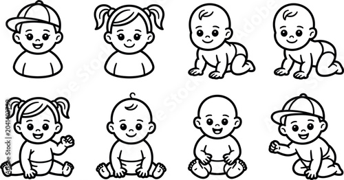 Cute cartoon baby and toddler characters collection with different active poses sitting and crawling