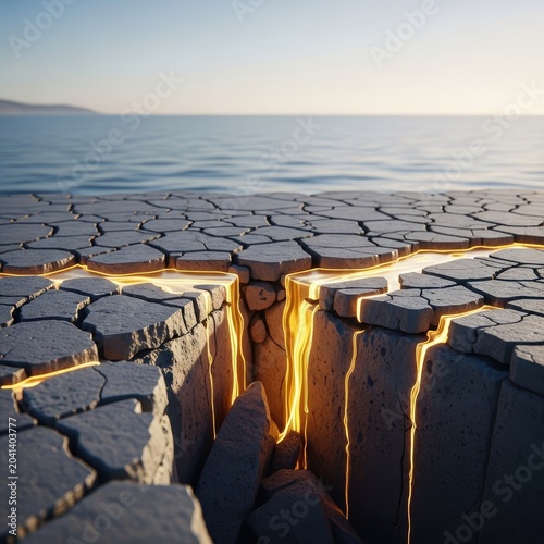 Dramatic landscape of cracked earth with glowing crevice beside ocean
