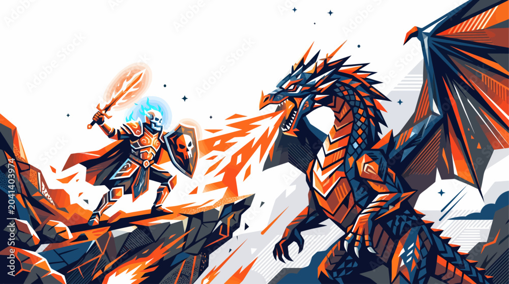 Obraz premium A brave knight in glowing armor battles a fierce, fire-breathing dragon on a rocky, stylized battlefield.