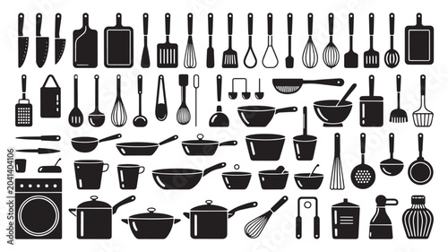 Minimalist kitchenware icon set, black silhouette cooking utensils and cookware collection, professional culinary equipment vector illustrations for restaurant menus