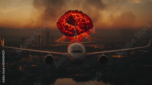 Airplane flying away from a massive orange explosion over city skyline at night in cinematic dramatic digital motion video footage