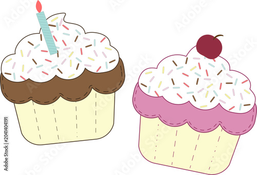 Chocolate and strawberry cupcake with frosting vector illustration