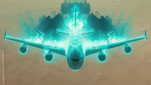 Airplane engulfed in surreal blue fire flying through clouds digital motion video clip for high impact cinematic visual effects