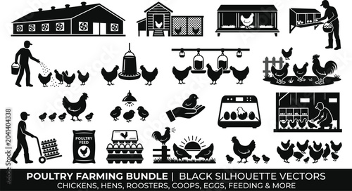 Poultry Farming Silhouette Bundle with Chickens Hens Roosters Coops Eggs Feeding and Farm Worker Illustrations