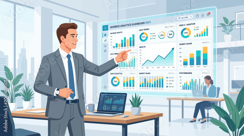 Business Analyst Presenting Data Analytics Dashboard at Office