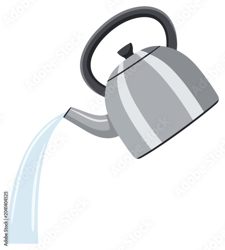 Kettle flat vector illustration icon featuring pouring hot water on transparent background