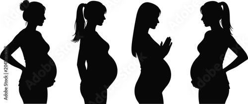 Pregnant woman silhouettes showing different stages of pregnancy - vector illustration for maternity design