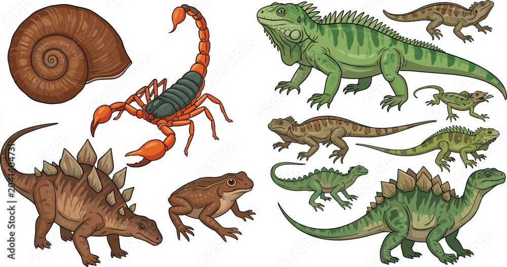 Fototapeta premium Prehistoric and modern reptiles and amphibians illustration featuring dinosaurs, frogs, iguanas, scorpions, and ammonite shell designs