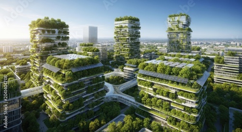 Eco friendly city buildings with rooftop gardens and green urban design