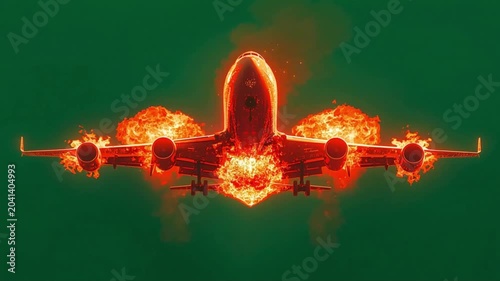 Airplane engine fire emergency motion graphic showing a burning jet aircraft in flight against a dark solid green background video