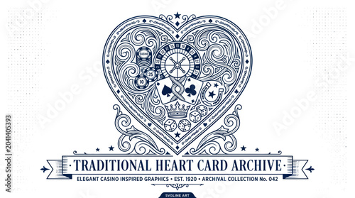 Photos Elegant Vintage Casino Heart Graphic: Roulette, Cards, Crown, Ornate Design