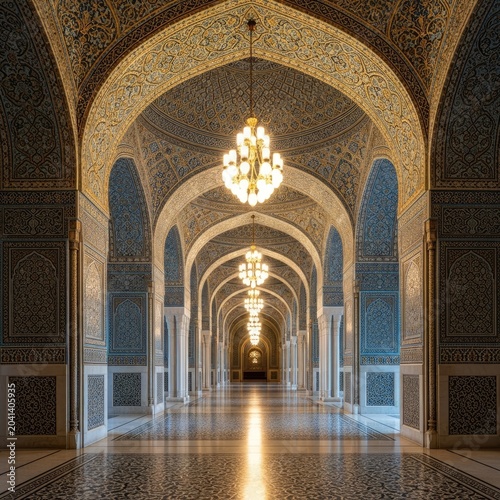 Elegant arched hallway with ornate ceiling and glowing chandeliers