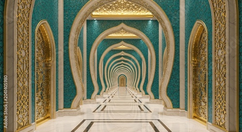 Elegant architectural arches and hallway with detailed patterns and teal walls