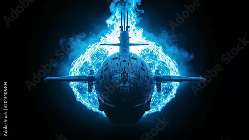 Submarine vessel moving through deep ocean waters creating powerful blue energy shockwave motion in this cinematic digital video clip