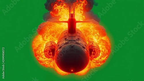 Submarine explosion footage showing a massive fiery blast with thick dark smoke and glowing debris against a green screen background