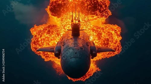 Submarine underwater explosion motion footage featuring a massive fiery blast behind a military vessel in deep dark ocean waters