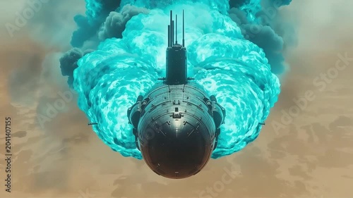 Submarine vessel moving through thick blue smoke clouds in a cinematic digital animation motion footage for modern action movies