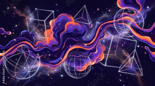 Abstract Cosmic Background with Floating 3D Geometric Shapes and Colorful Fluid Smoke Waves in Outer Space