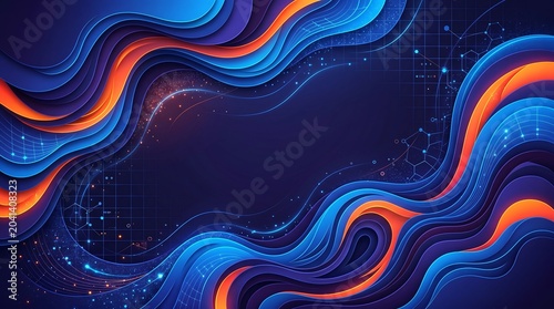 Abstract futuristic background with blue and orange wavy paper cut layers, digital grid lines, glowing particle data science and technology concept