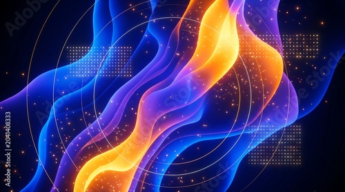 Abstract neon fluid wave background with glowing orange and blue liquid light shapes, golden geometric circles, and sparkly particle dust for modern tech design