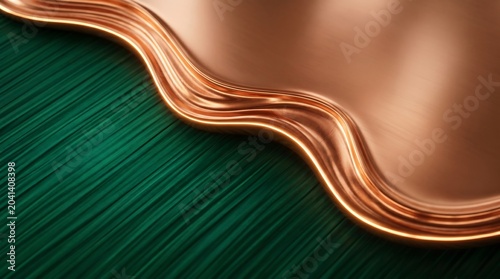 Abstract background with wavy liquid copper metal on dark green brushed metallic texture, elegant modern luxury banner background