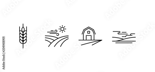 Collection of four line art icons representing agriculture a wheat stalk, rolling fields, a barn, and plowed land for farming