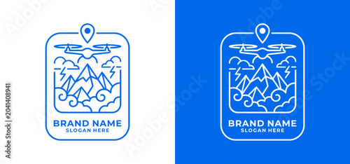 Line art drone and mountain logo, enclosed in a map pin, symbolizing aerial exploration, adventure travel, and outdoor photography for modern brand identities