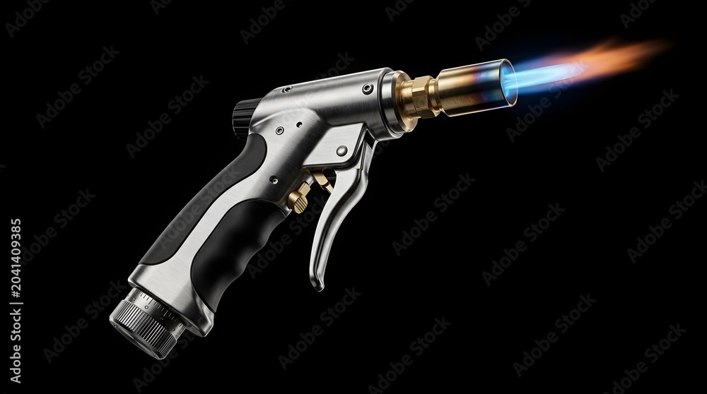 Naklejka premium Torch Gun Igniting Flame in Industrial Setting, Close-Up View, High-Contrast Lighting, Technical Concept