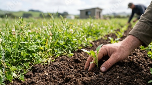 Close up of farmer hand planting young green seedling into fertile soil in agricultural field for sustainable organic farming and crop cultivation in rural countryside landscape