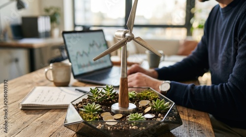Small wind turbine model in terrarium representing green energy investment and sustainability