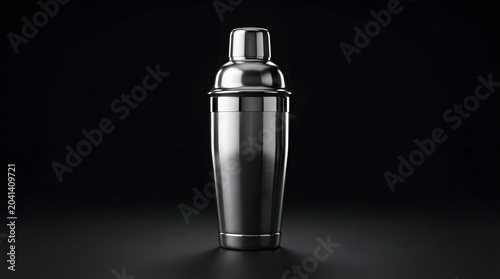 Cocktail Shaking Action, Stainless Steel Shaker, Studio Setup, Product Photography, Dark Background, Front View, Beverage Mixing Concept