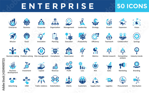 Enterprise icons set with enterprise, business, corporate, organization, management, leadership, strategy, growth, expansion, vision icon. Simple flat vector 
