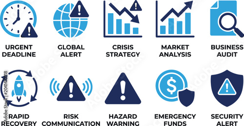 Bild auf Leinwand Collection of business icons covering urgent deadlines global alerts crisis strategies and market analysis