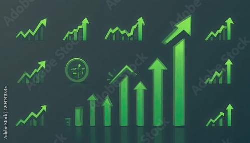 Collection of green arrows and graphs on dark background showing growth and statistics