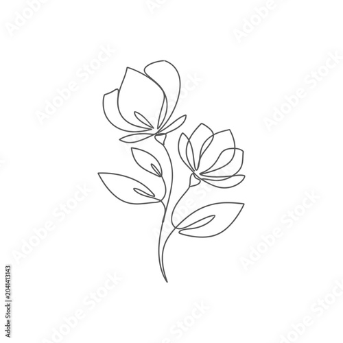 Minimalist Line Art Drawing of Two Delicate Flowers and Leaves on White Background