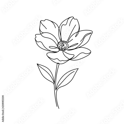 Minimalist flower outline drawing with leaves, isolated on white background