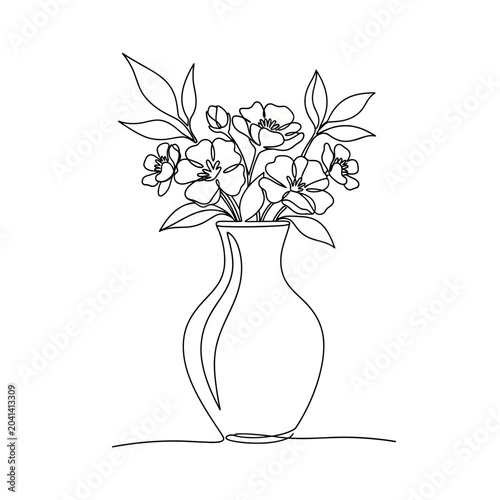 Minimalist Flower Vase Line Art - Delicate Blossom Bouquet in Ceramic Vessel
