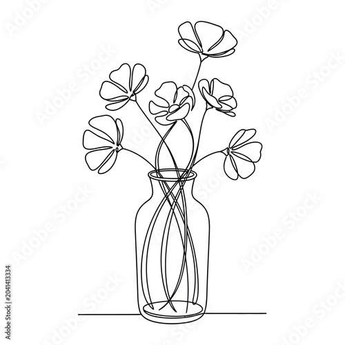 Minimalist flower vase single line drawing art, elegant floral design