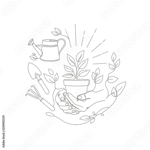 Minimalist Garden Illustration: Growing Plant with Tools and Hands