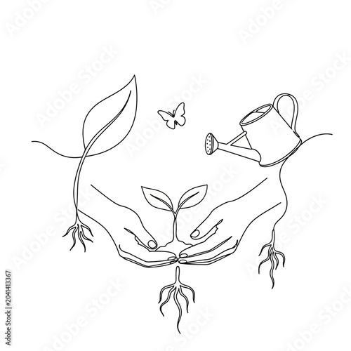 Minimalist Garden Illustration: Hands, Sprout, Watering Can, Butterfly, Line Art.