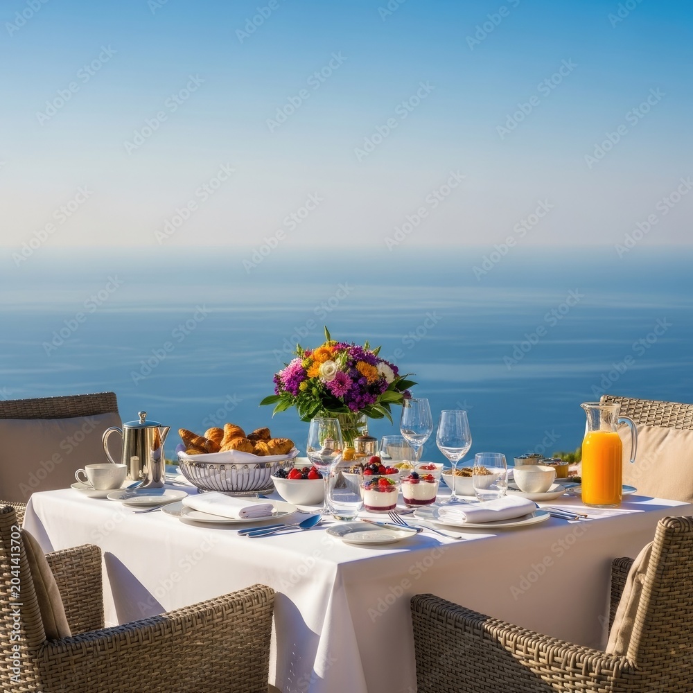 Obraz premium Elegant breakfast table setting overlooking ocean with flowers and food