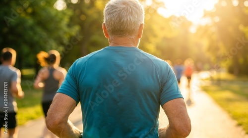A senior man with gray hair running a marathon race event from a rearview perspective.